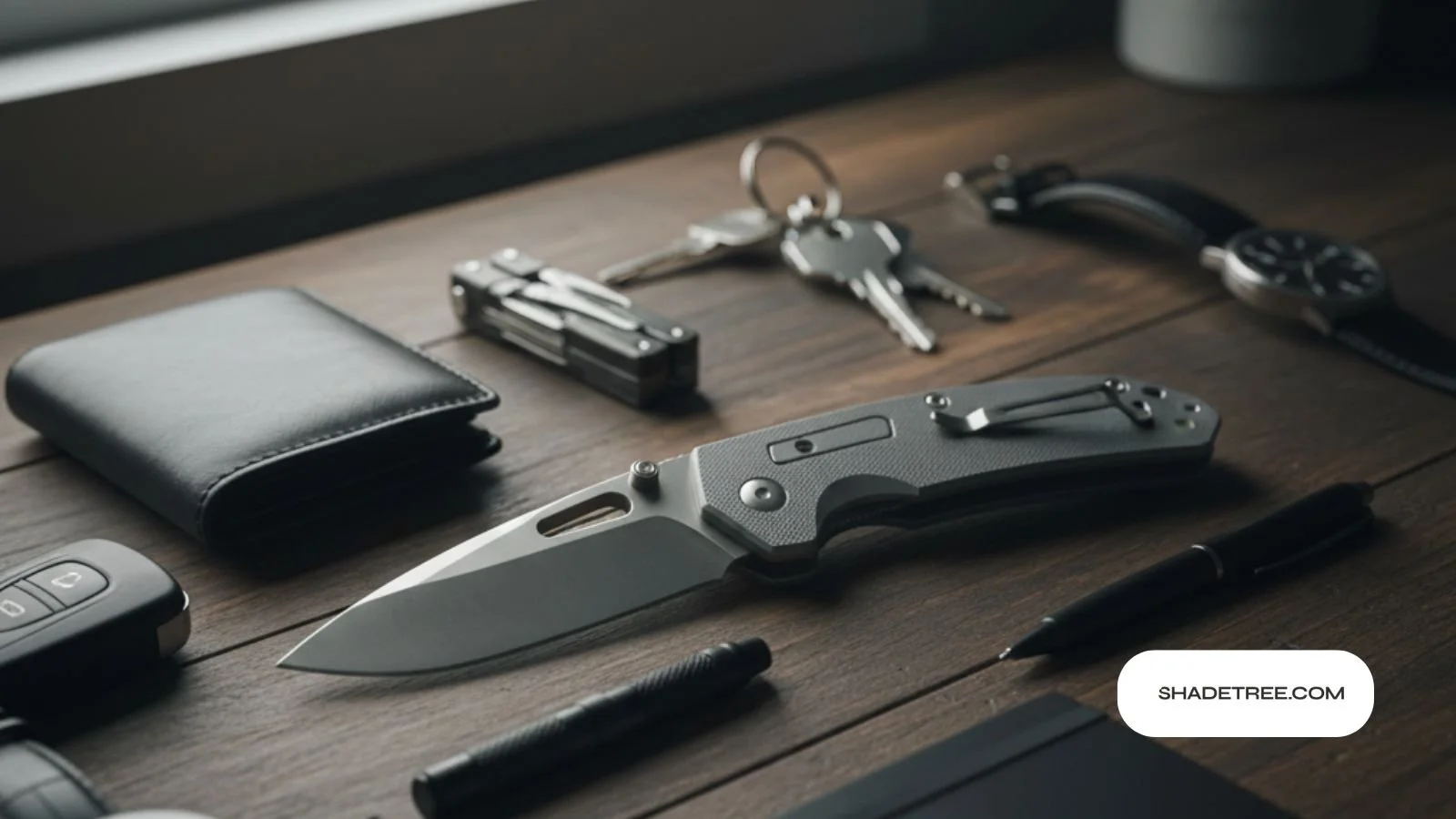 What is an edc knife used for with wallet, keys and tools on wood desk