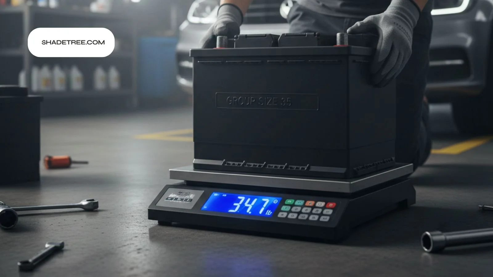 Battery on a scale in garage – how much does a car battery weigh