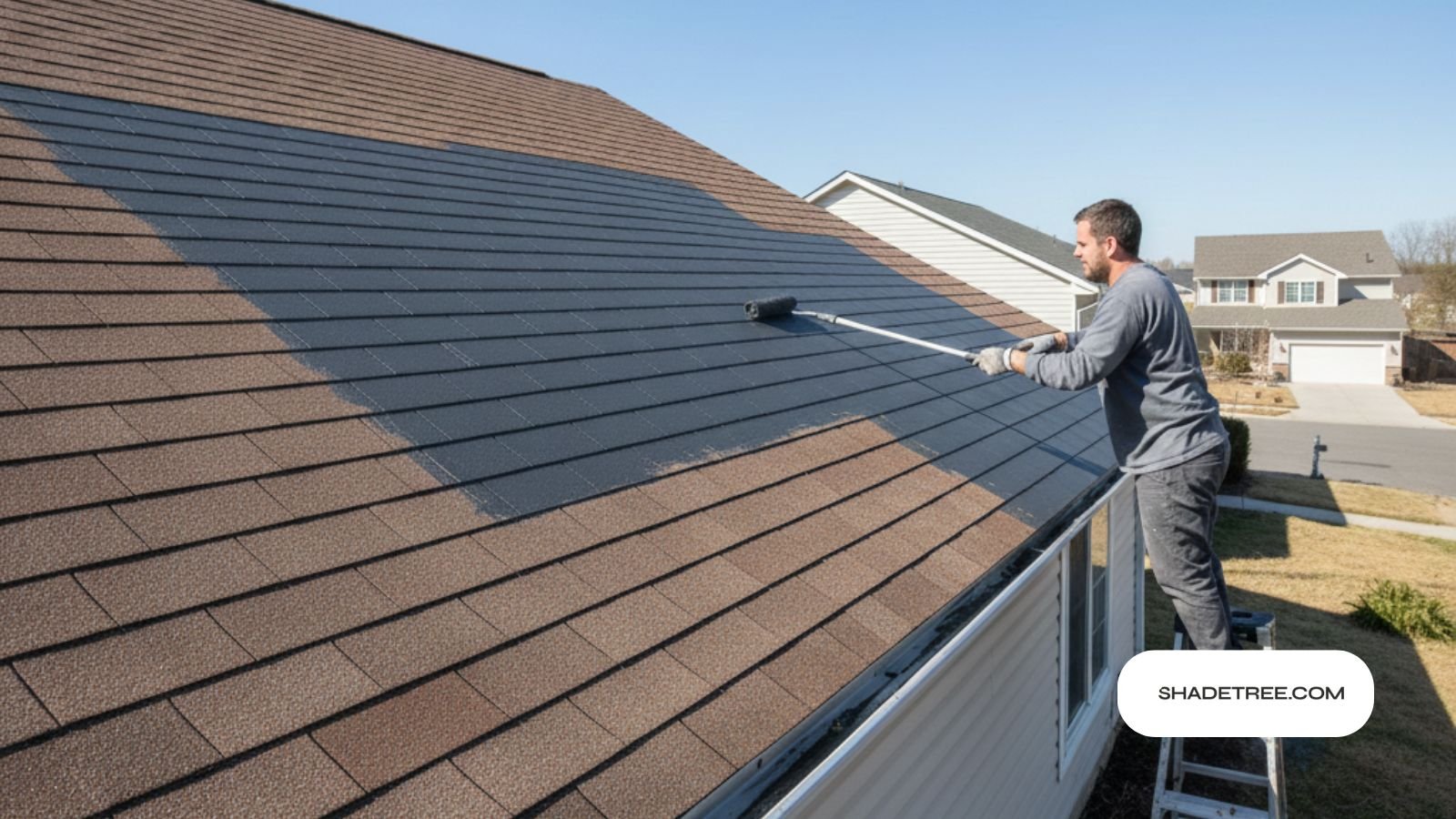 Worker using roller on roof, can you paint shingles for home update