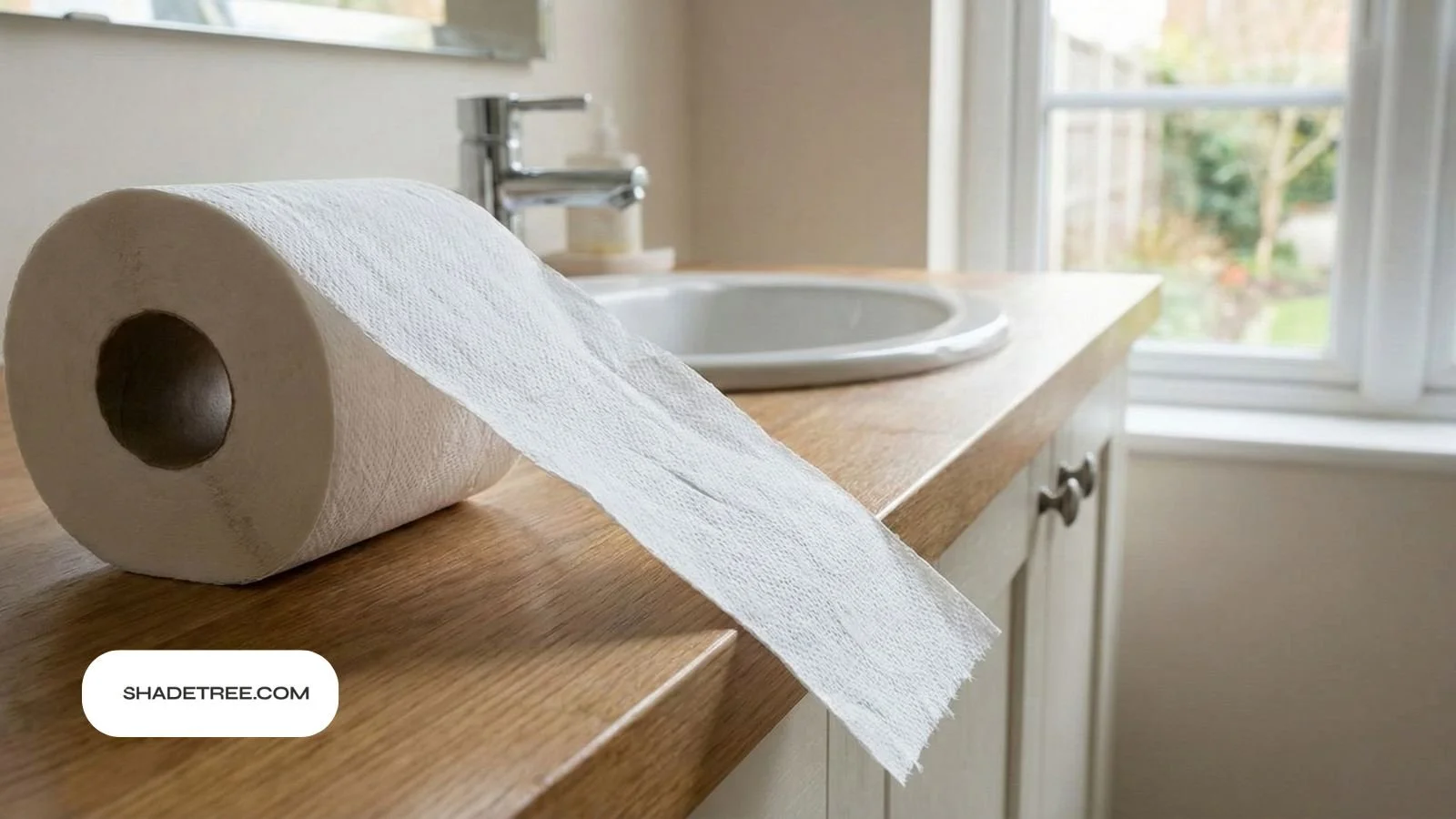 How long is a toilet paper roll? Unrolled sheet on bathroom counter