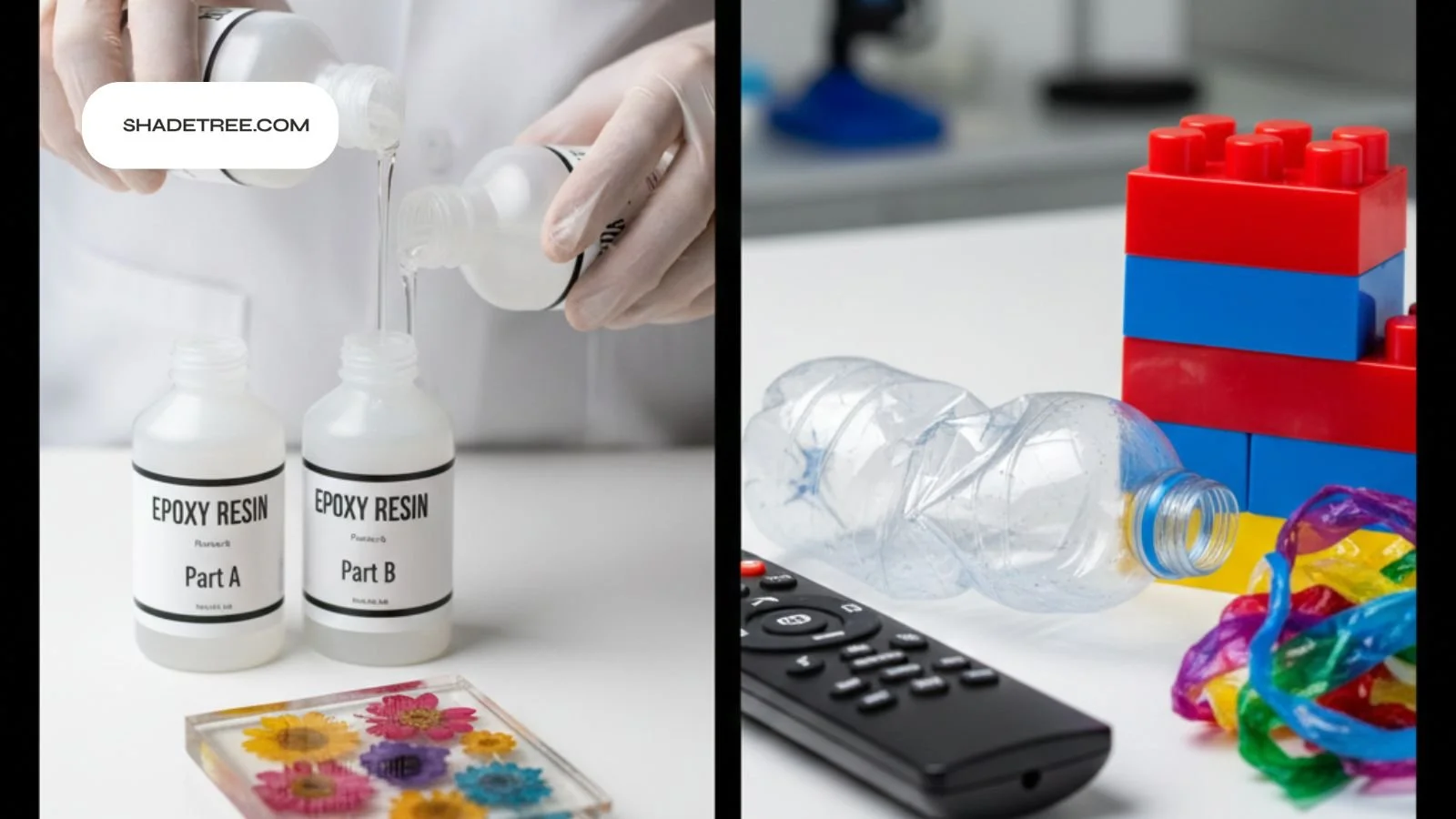 is resin plastic epoxy bottles beside plastic waste and toys