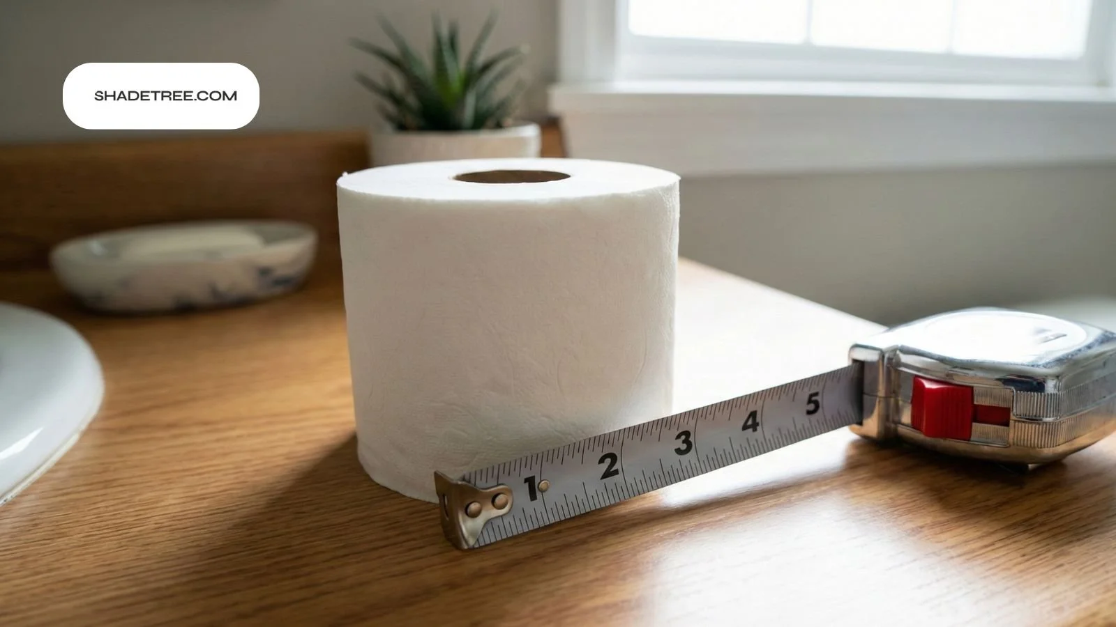 How long is a toilet paper roll? Tape measure beside full roll