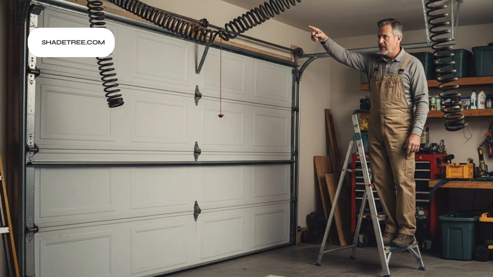 how long do garage door springs last technician pointing at torsion springs
