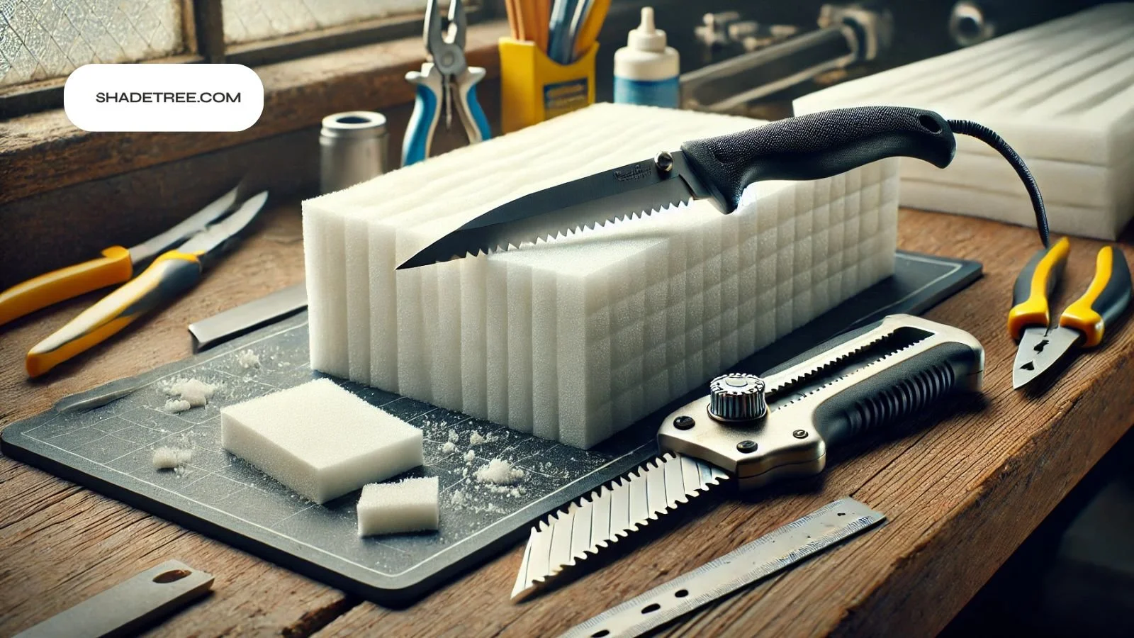 Hot knife for foam cutting with serrated blade cutting foam blocks neatly