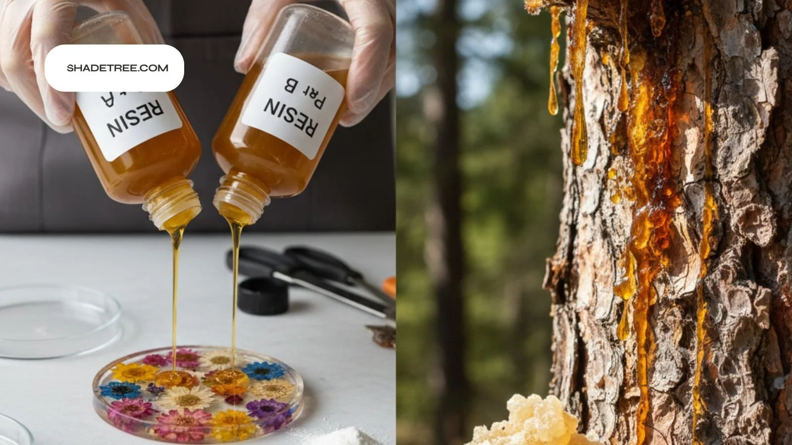 is resin plastic pouring epoxy over flowers and natural tree resin