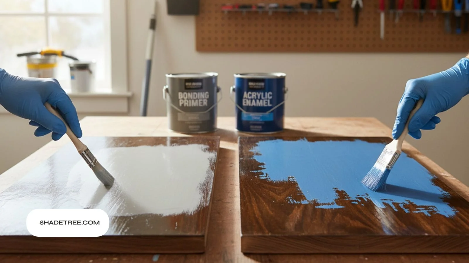 can you paint over polyurethane with bonding primer and blue enamel