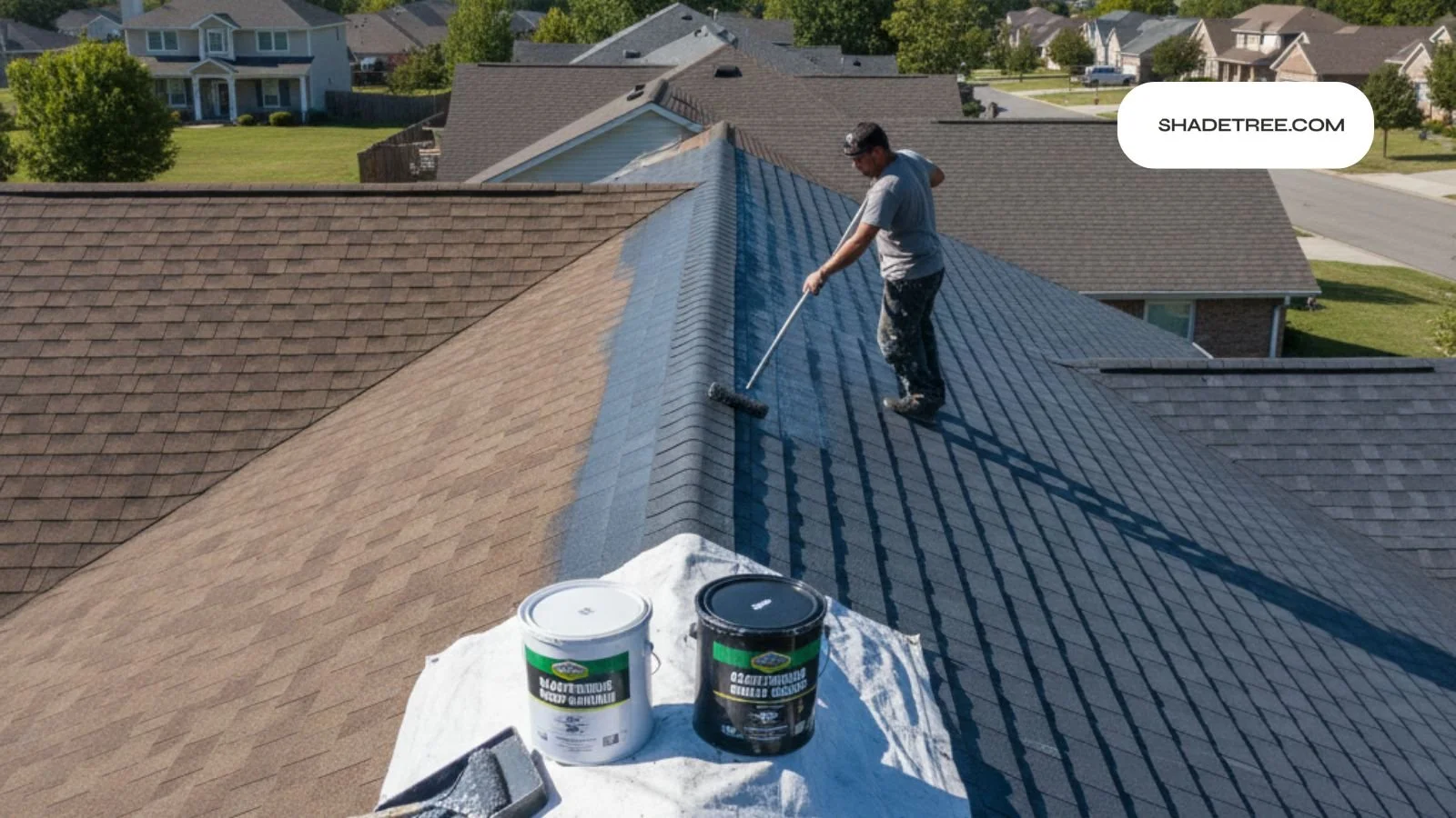 Homeowner applying roof coating, can you paint shingles easily