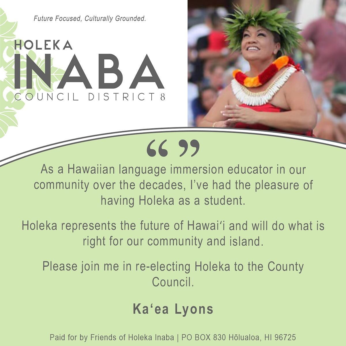 Long time Kumu and community leader @kaealyons supports Holeka Inaba for re-election. #VoteInaba ✅🤙🏾