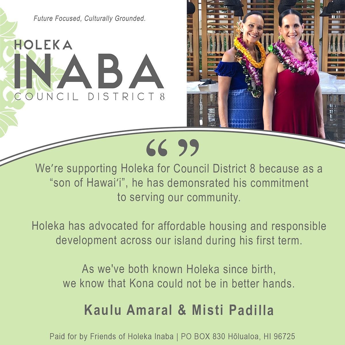Mahalo to Kaulu Amaral and @mistipadilla for their endorsement. #VoteInaba 🤙🏾✅