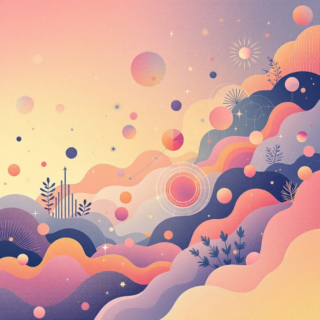 Abstract digital artwork featuring pastel-colored hills, trees, stars, and bright circles resembling planets or celestial bodies. The scene has a dreamy, cosmic atmosphere with a radiant central circle and scattered smaller elements.