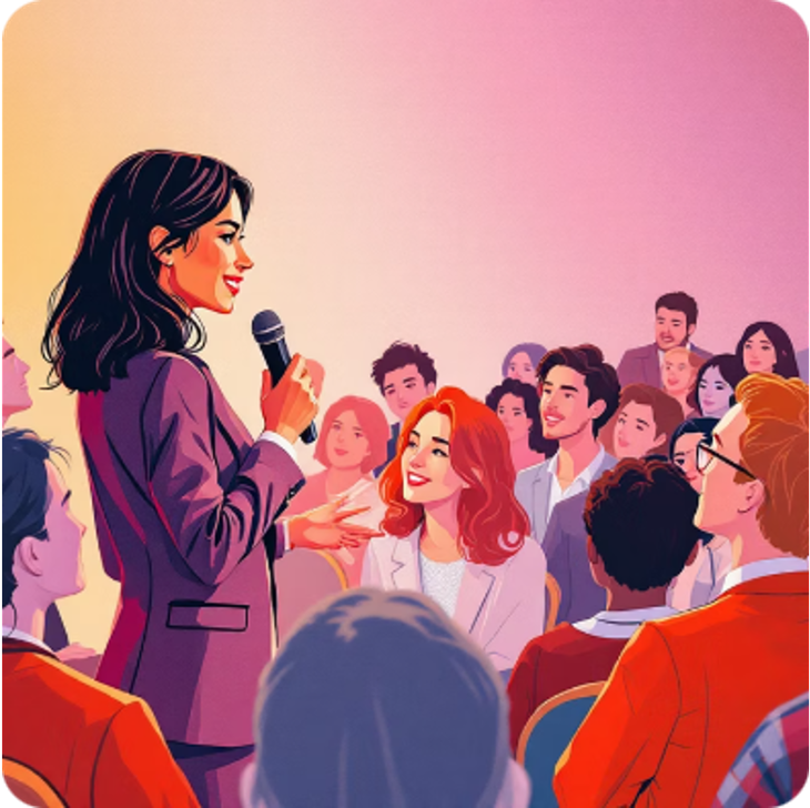 A woman in a purple blazer speaking into a microphone in front of a seated audience, smiling and engaged.