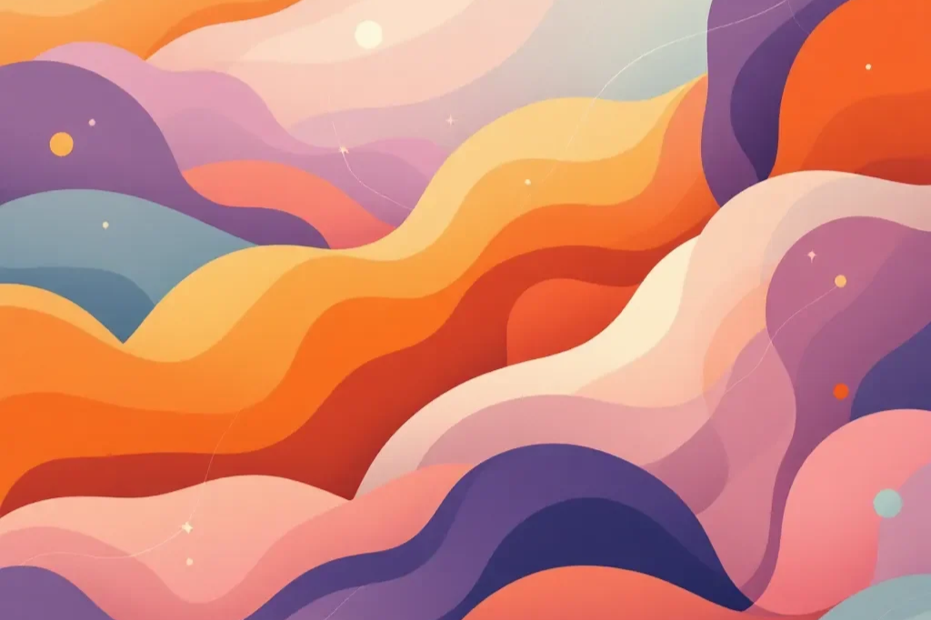 Abstract digital artwork with colorful, wavy shapes in shades of orange, pink, purple, blue, and white, resembling a stylized landscape or sky.