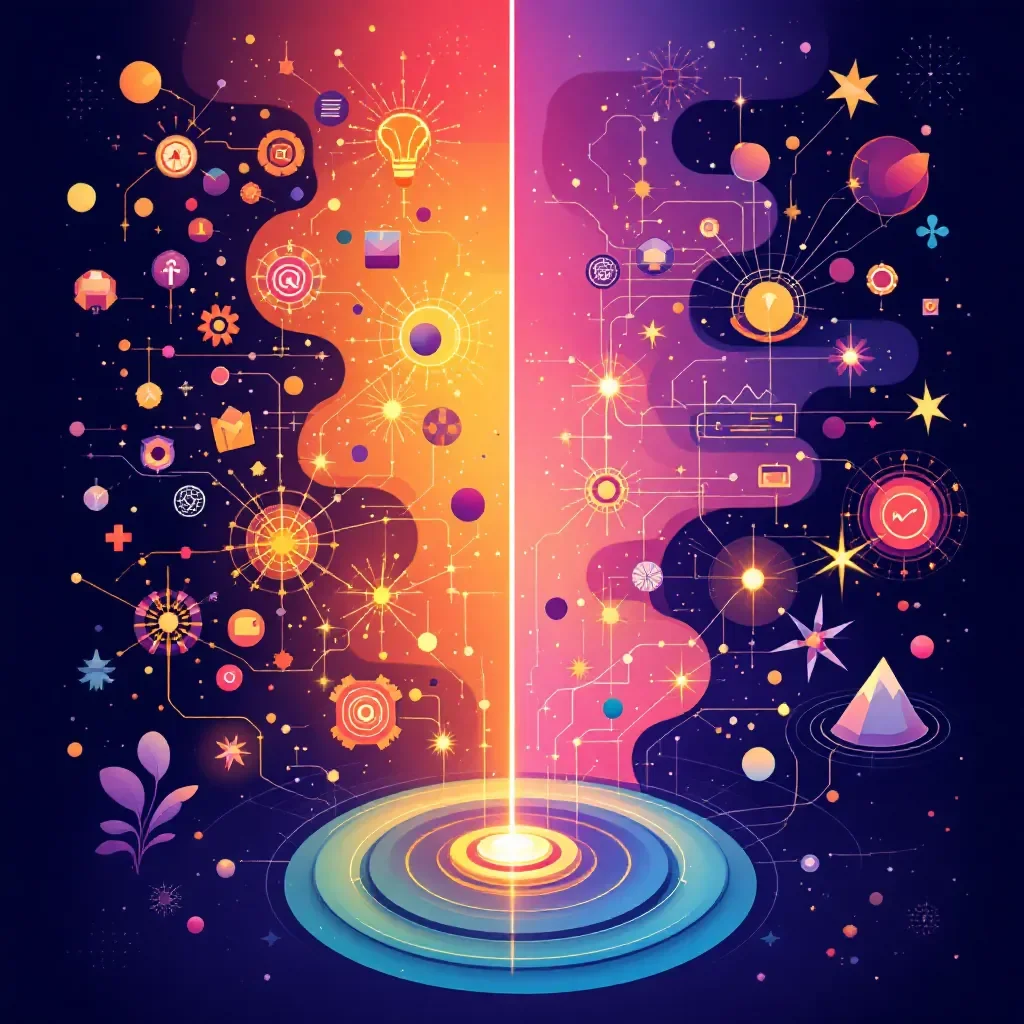 Abstract digital art of a human face silhouette composed of interconnected glowing icons and symbols representing ideas, technology, and creativity, with a vibrant colorful background and a light beam emanating from the center.