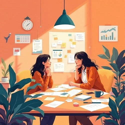 Three women sitting at a table discussing in front of a wall covered with colorful sticky notes and papers.
