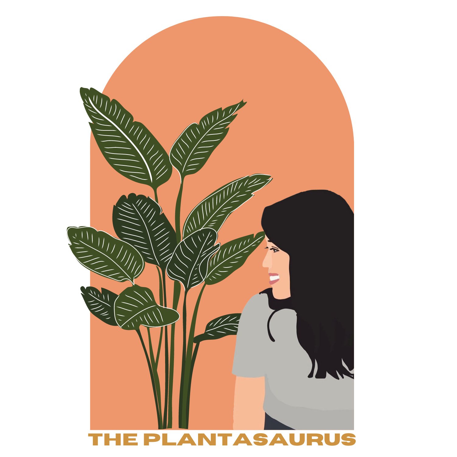 Illustration einer lachenden Frau mit schwarzen Haaren neben einer großen grünen Pflanze vor einem orangefarbenen Hintergrund.