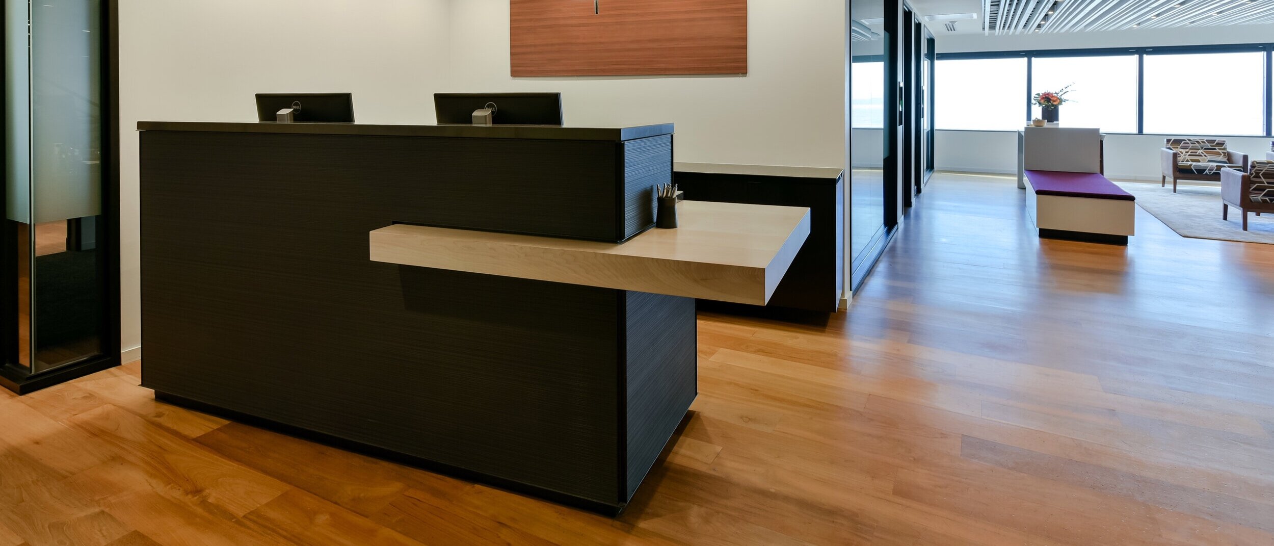 maple and steel reception desk