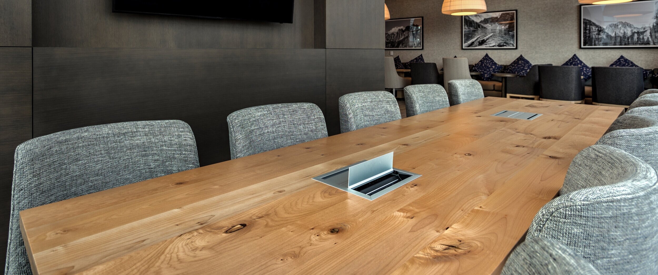 live edge planked maple table in clear finish with data units