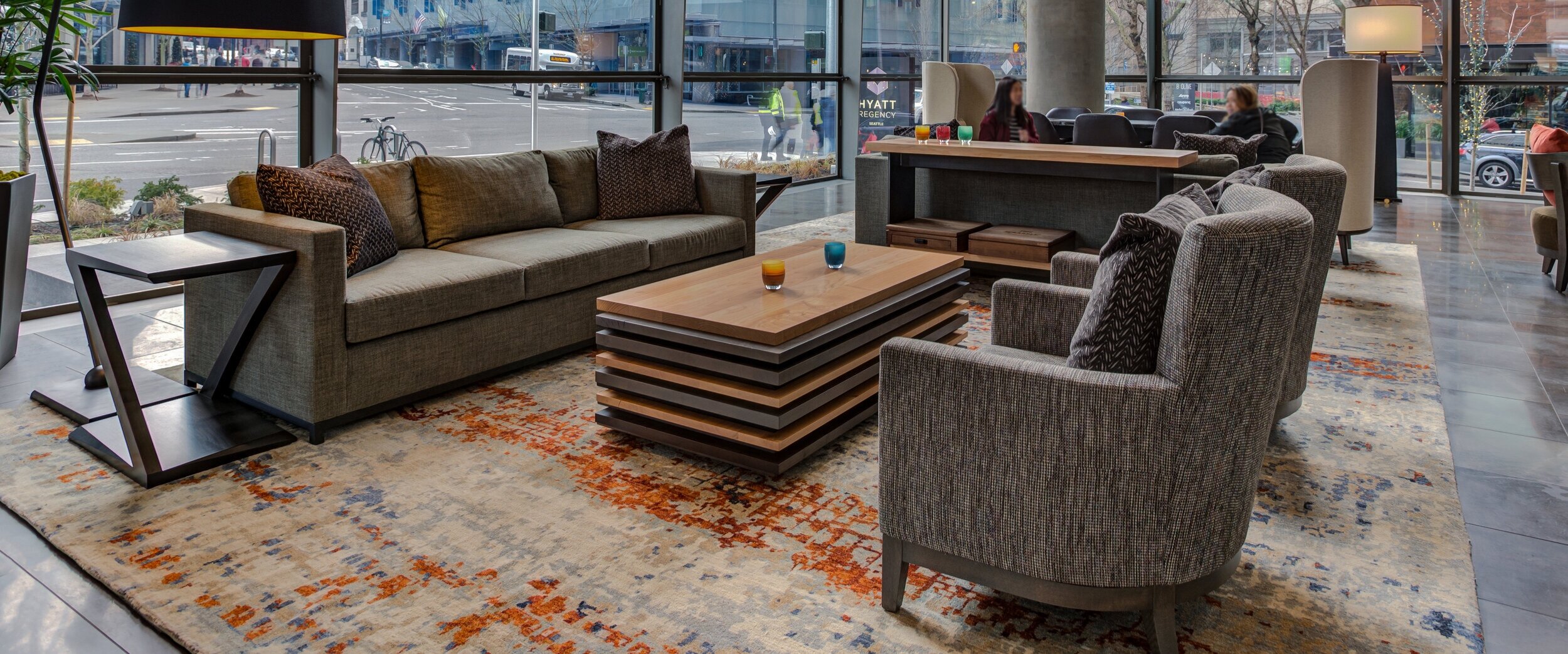 stacked maple slab coffee table in clear, hematite and discovery finishes