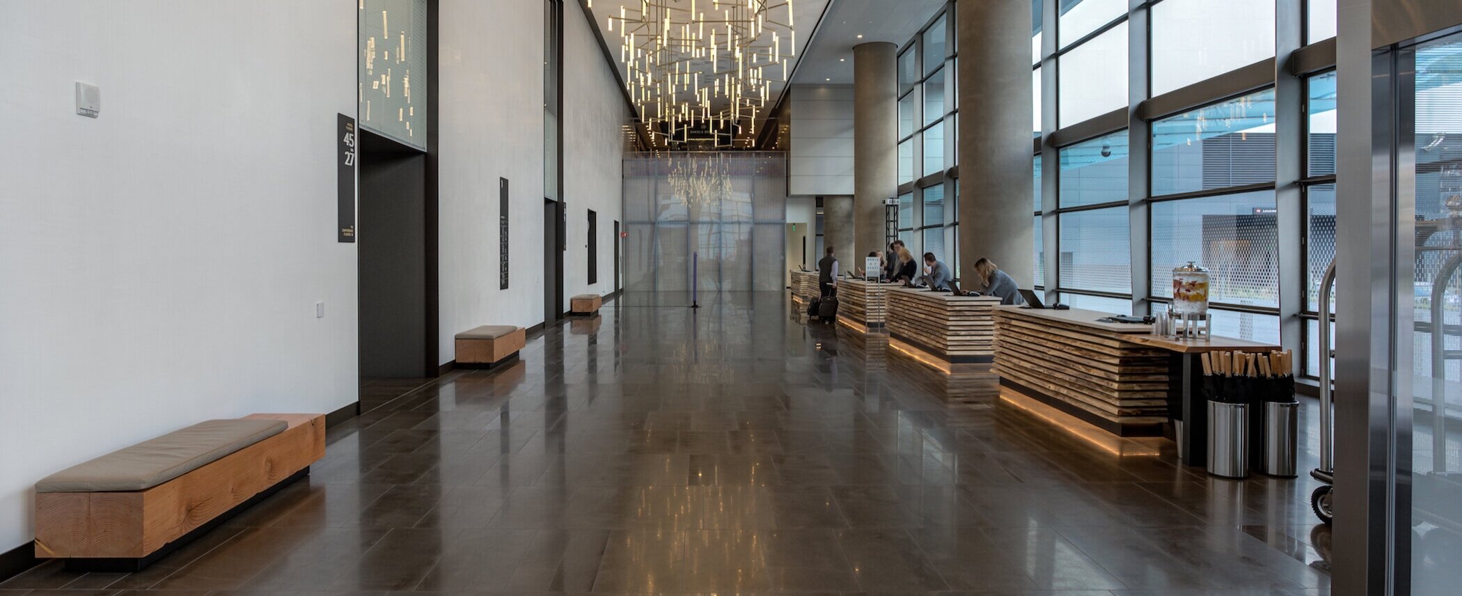 live edge maple reception desks and reclaimed fir timber benches in clear