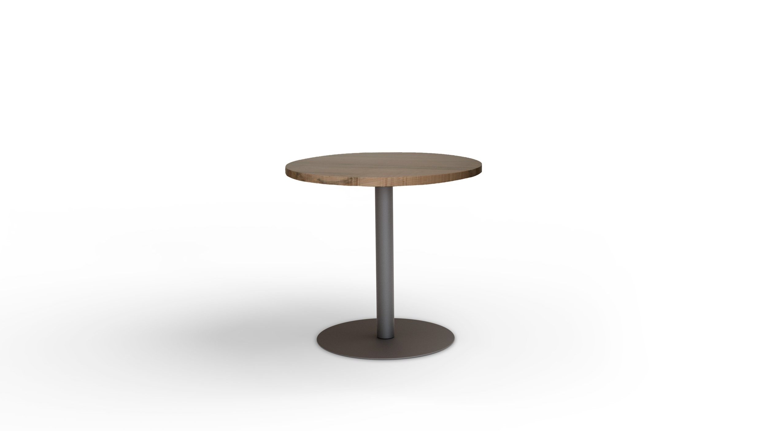 VERSION WITH 30” PLANKED ROUND WALNUT TOP IN CLEAR FINISH; BASE IN BLACK FINISH