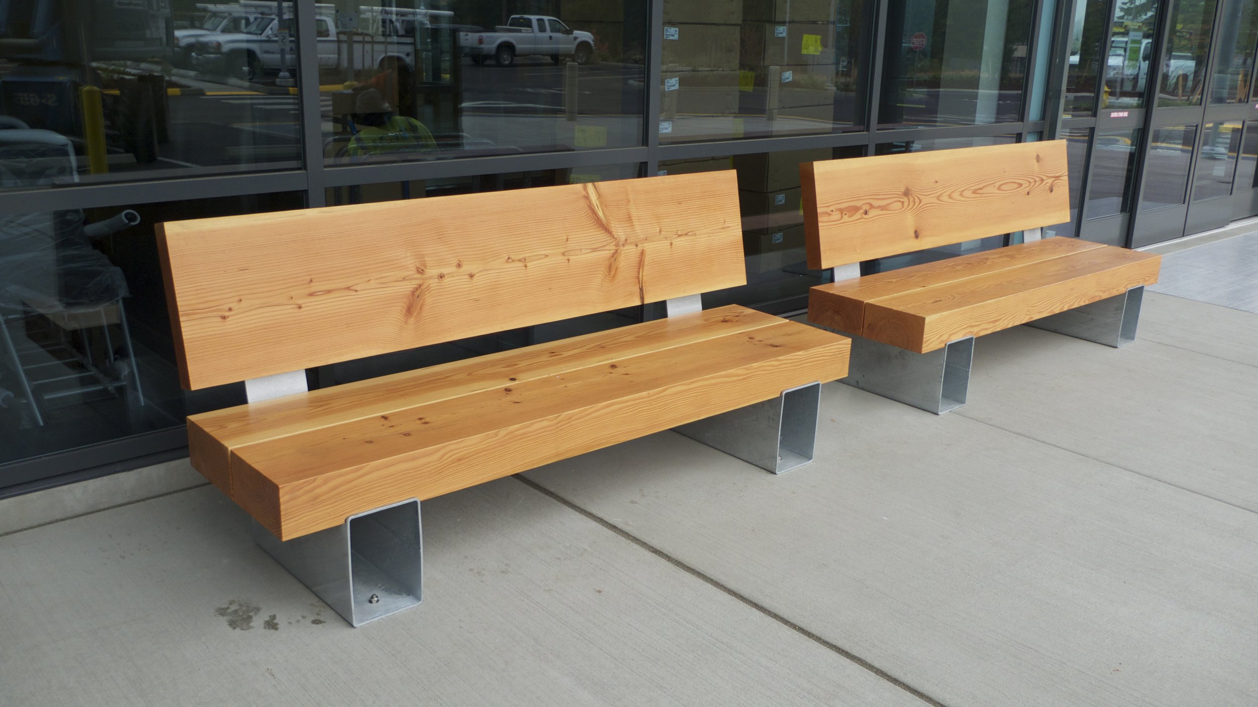Outdoor Muir benches made from site-sourced fir