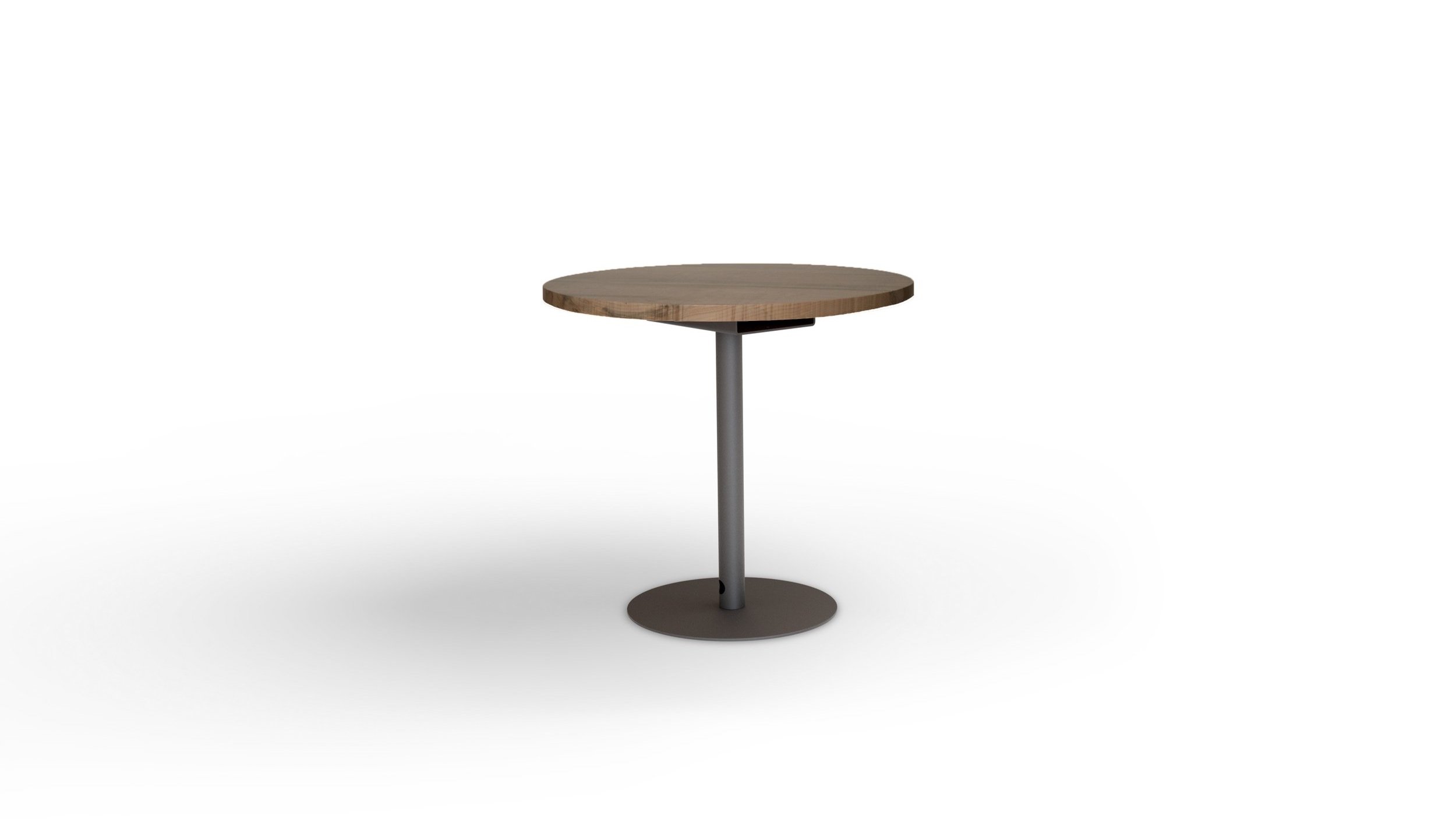 VERSION WITH 30” PLANKED ROUND WALNUT TOP IN CLEAR FINISH; BASE IN BLACK FINISH
