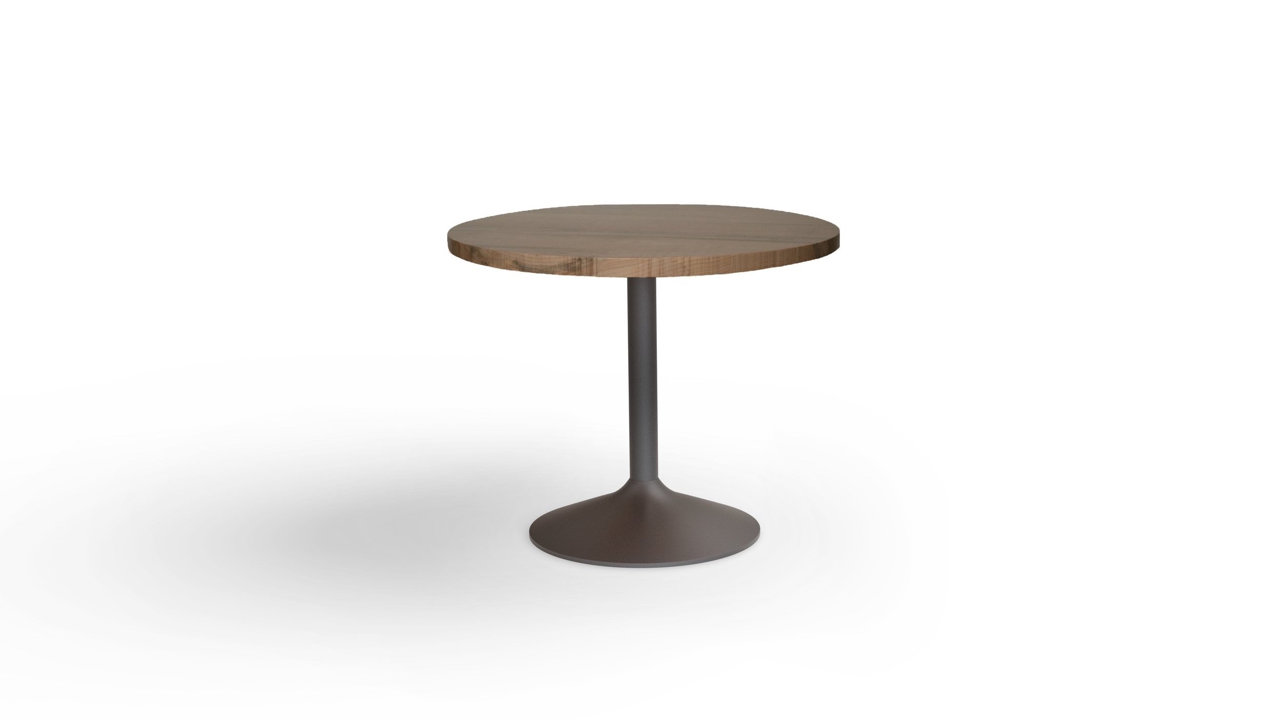 VERSION WITH 36” PLANKED ROUND WALNUT TOP IN CLEAR FINISH; BASE IN BLACK FINISH