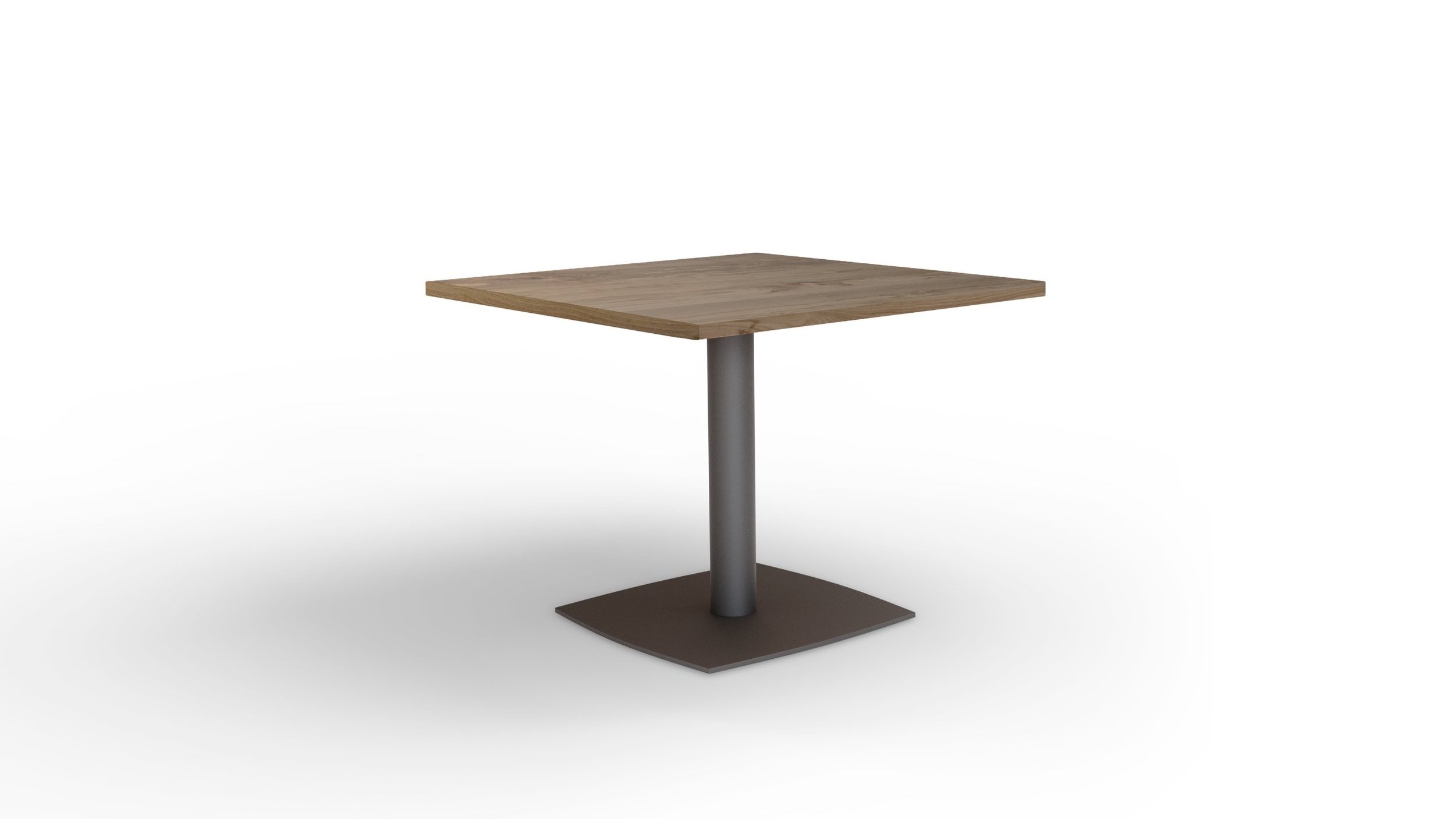 VERSION WITH 36” PLANKED SQUARE WALNUT TOP IN CLEAR FINISH; BASE IN BLACK FINISH