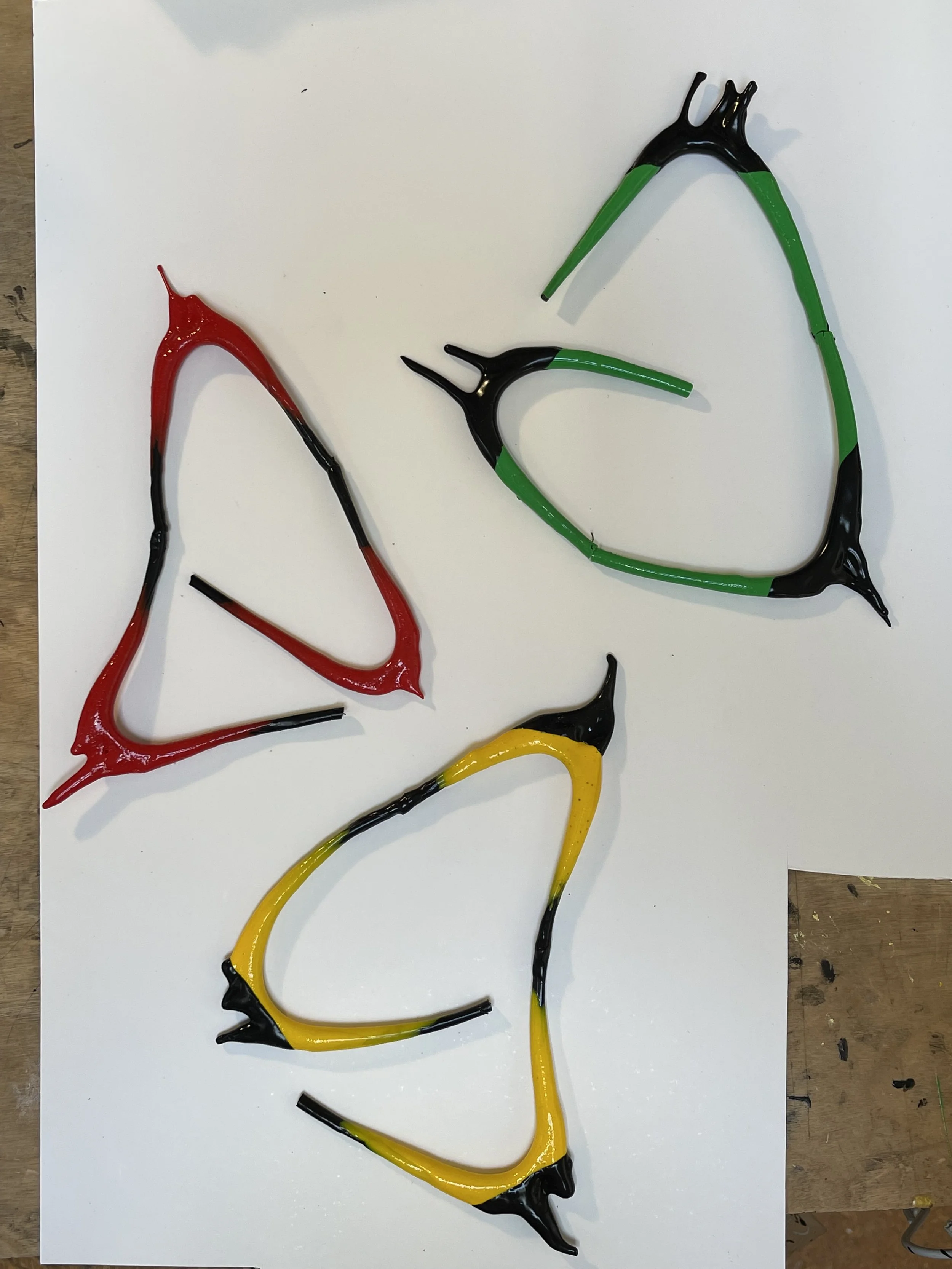 Handmade rubber and spandex jewelry forms mid-process at Frog Aspect Brooklyn studio — sculptural art jewelry by Einat Cohen