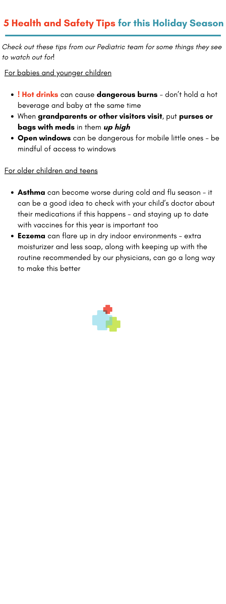 Infographic with pediatric health and safety tips for the holiday season, divided into sections for babies, young children, older children, and teens, with a small colorful puzzle piece graphic at the bottom.