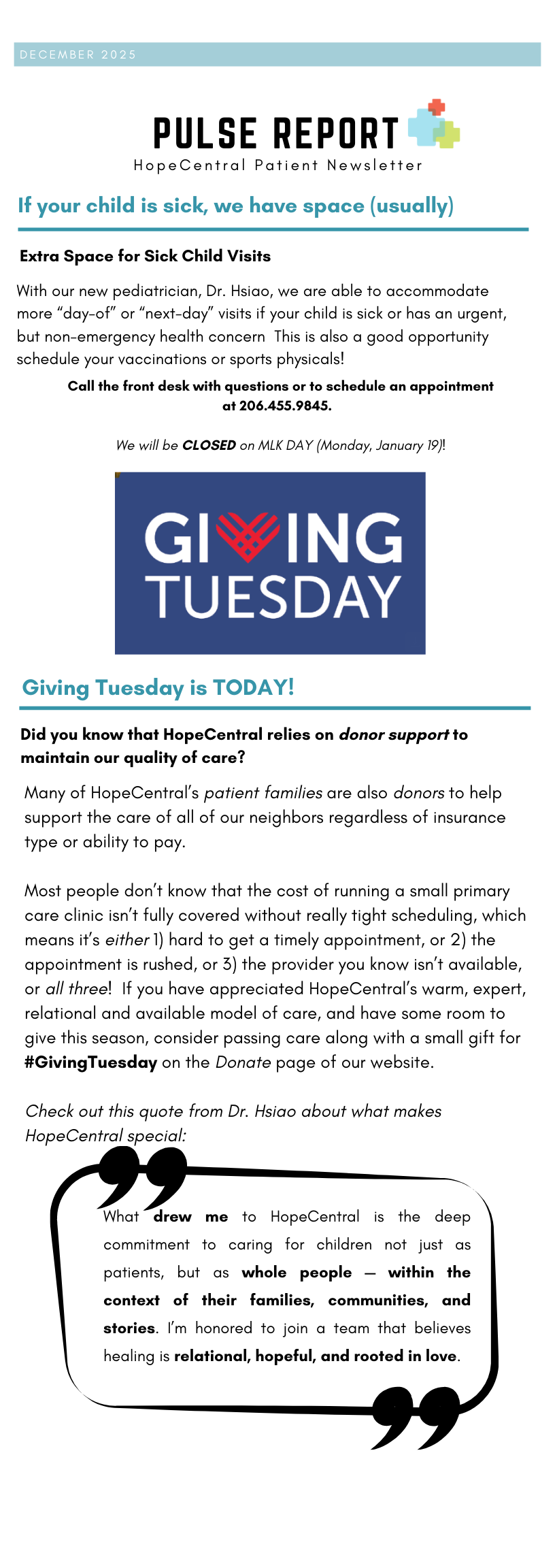 HopeCentral Pulse Report newsletter, December 2025, with information about extra space for sick child visits, a note on Giving Tuesday, and a quote from Dr. Hsiao about holistic care and healing.