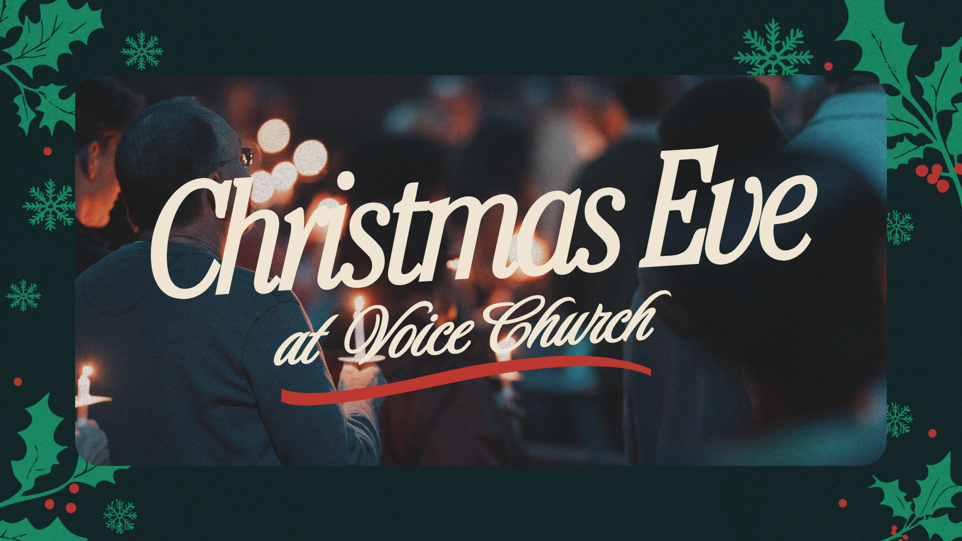 People attending a Christmas Eve service at Voice Church, holding candles in a darkened church setting