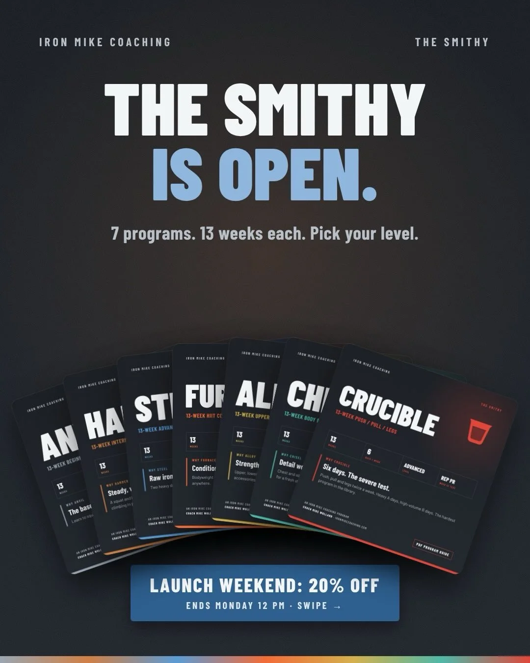 The Smithy is open. 🔨

Seven of my programs, built the same way I build them for my in-person and online clients, ready to run on your own schedule.

7 programs. 13 weeks each. Every one comes with:
&rarr; Every set, rep and progression planned out
