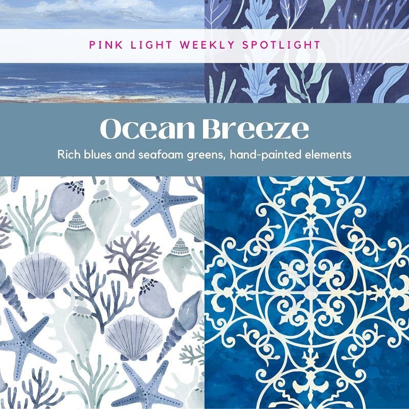 This week, embrace the serene Ocean Breeze!🌊🐚

Rich blues, seafoam greens, and hand-painted elements.

Featured works by:
@caverlysmithstudio
@aralma_design
@acupofdaydream
@jenniferellory
.
.
.
.
#pinklightstudio #art #artlicensing #licensing #art