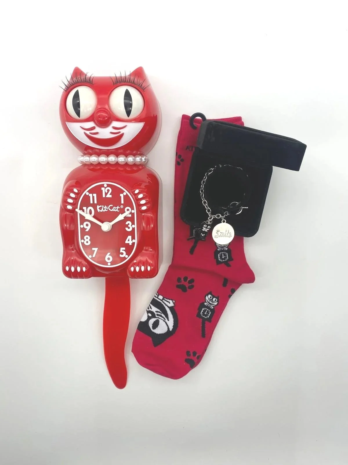 Valentines Special - Limited Edition New Classic RED Lady Kit-Cat Klock + Ladies Red Socks + Kit-Cat Charm Bracelet