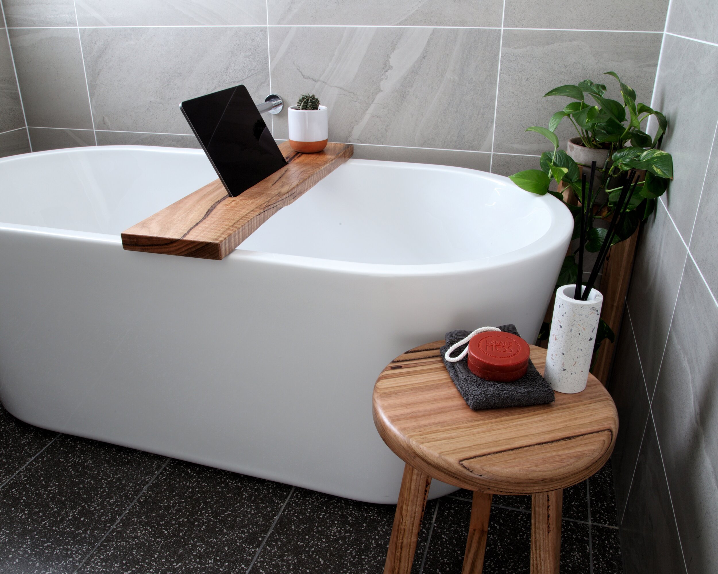 Bath Tray and Stool in Rustic Timber