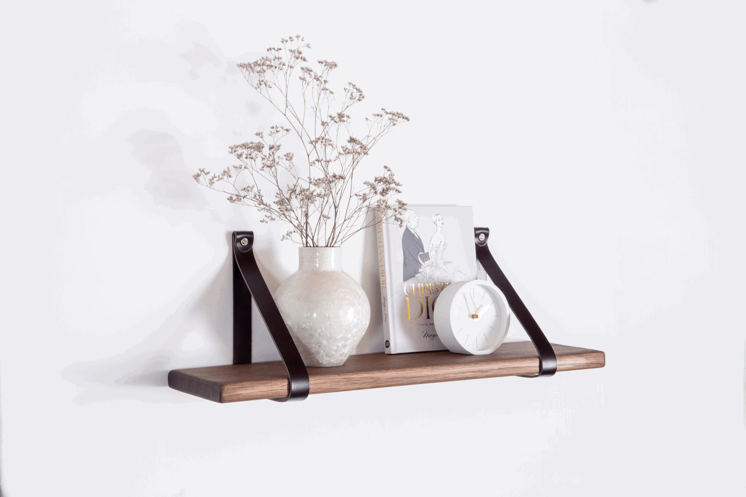 Brown Timber Black Leather Strap Shelf