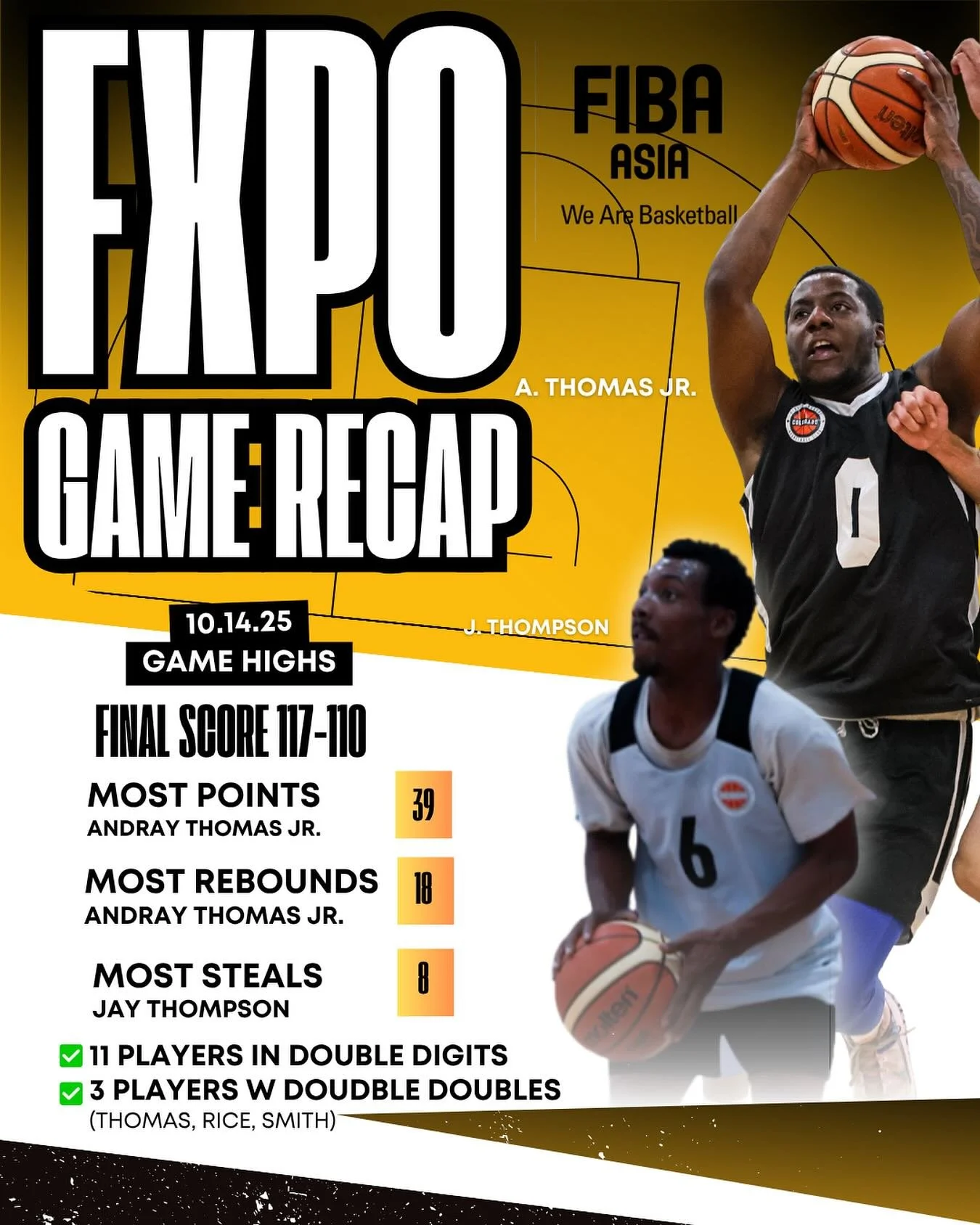 ‼️FXPO Stat Recap 📊 (10.14.25)
🚨Final Score: 117-110 
✅Most Points: Andray Thomas Jr. (39)
✅Most Rebounds: Andray Thomas Jr. (18) * * 3 weeks in a row
✅Most Steals: Jay Thompson (8)
🎯11 players in double digits!
🎯3 players with double-doubles