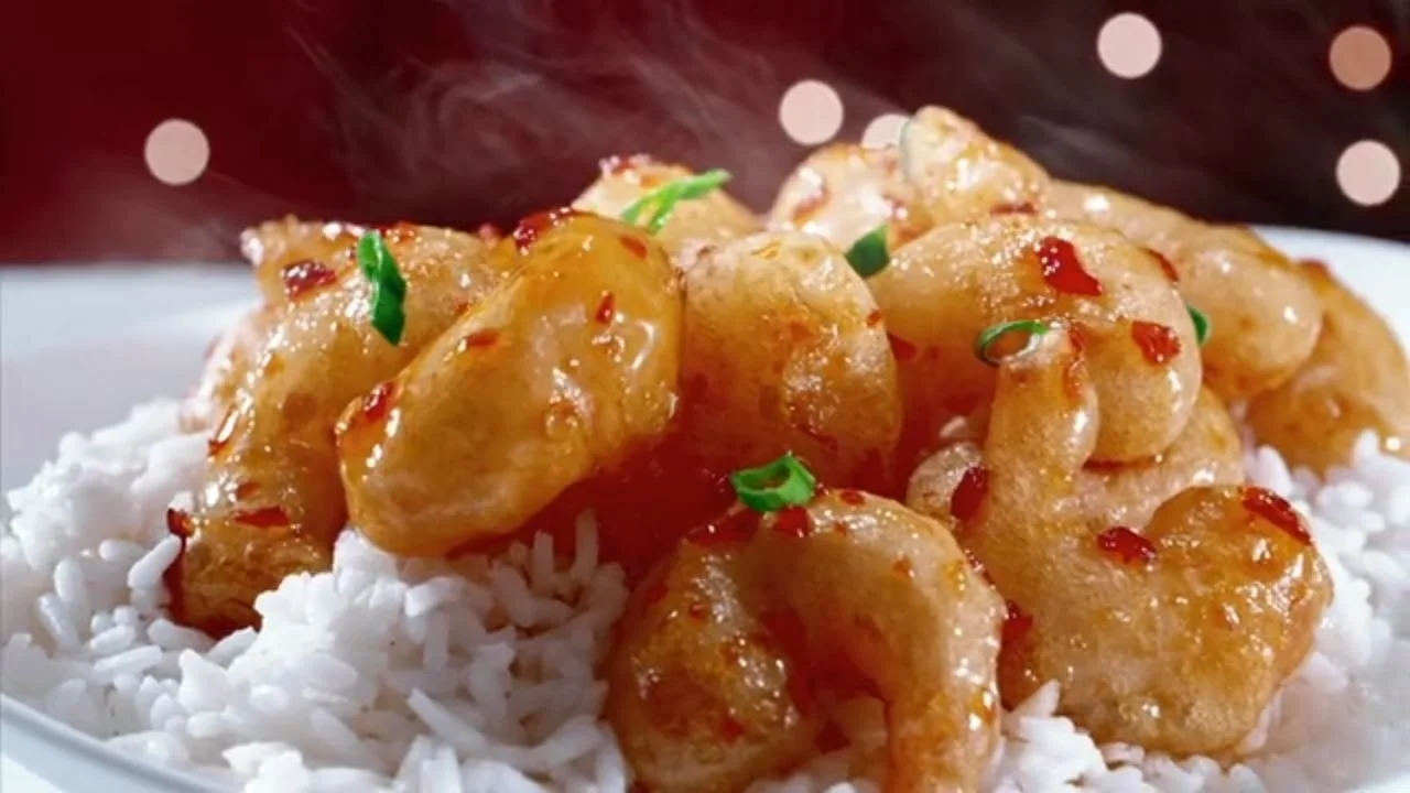 Close-up of battered shrimp coated in sauce and garnished with chopped green onions served over white rice.