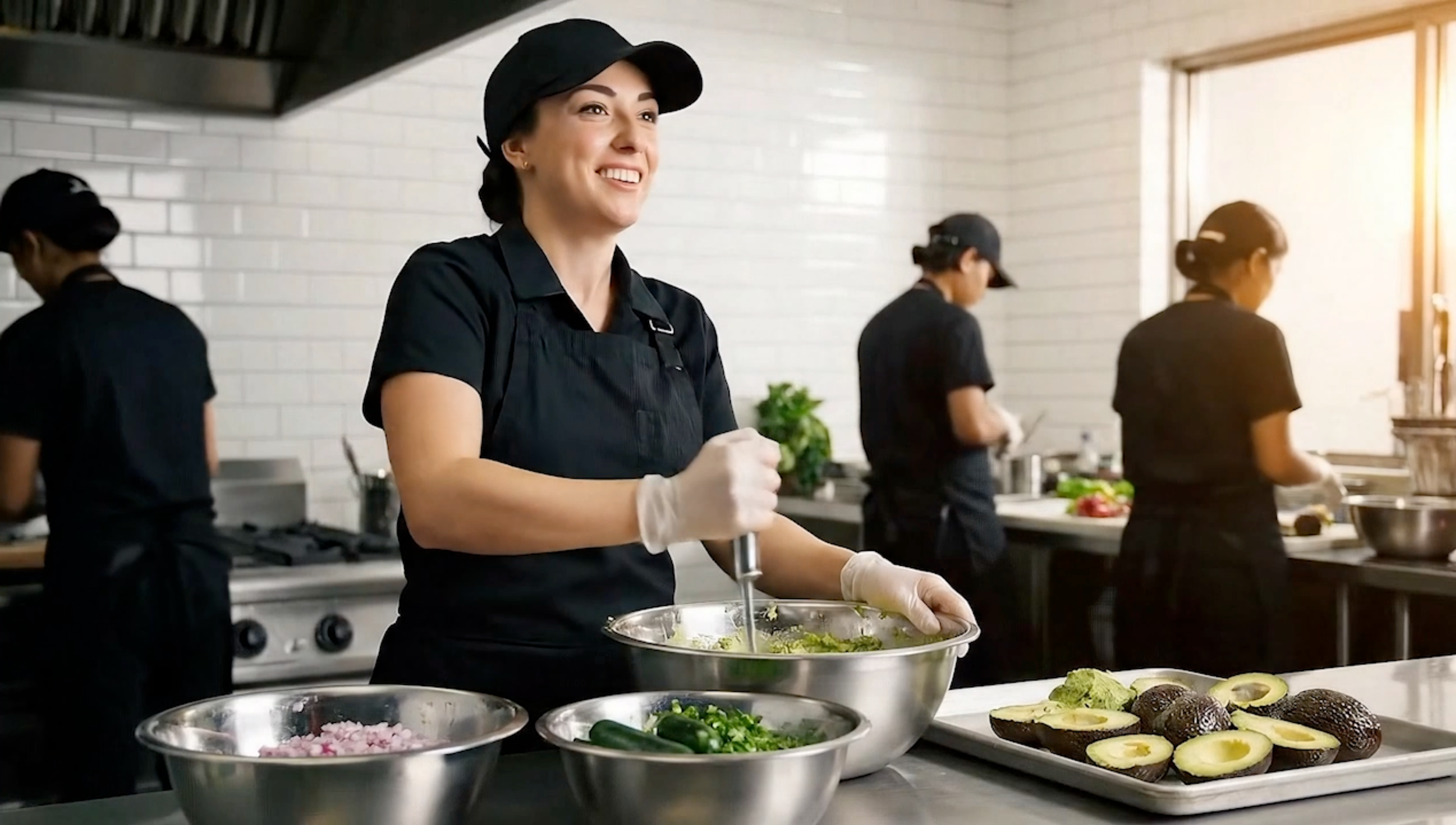 A smiling woman in black cooking attire and a black cap prepares food in a commercial kitchen, with other women working in the background and fresh ingredients on the counter.