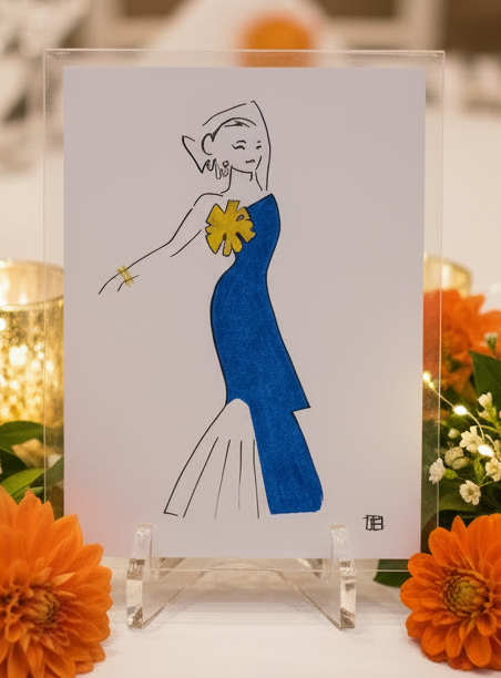 A fashion sketch of a woman in a blue dress with a yellow flower at the wedding receiption in Vienna.