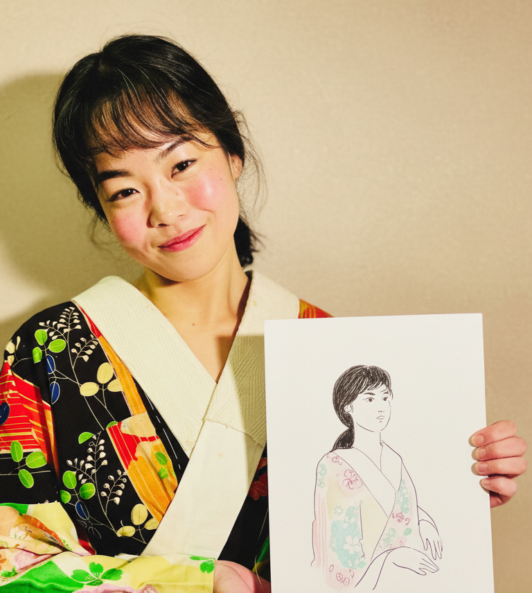 Young woman in a kimono holding a live fashion sketch of herself