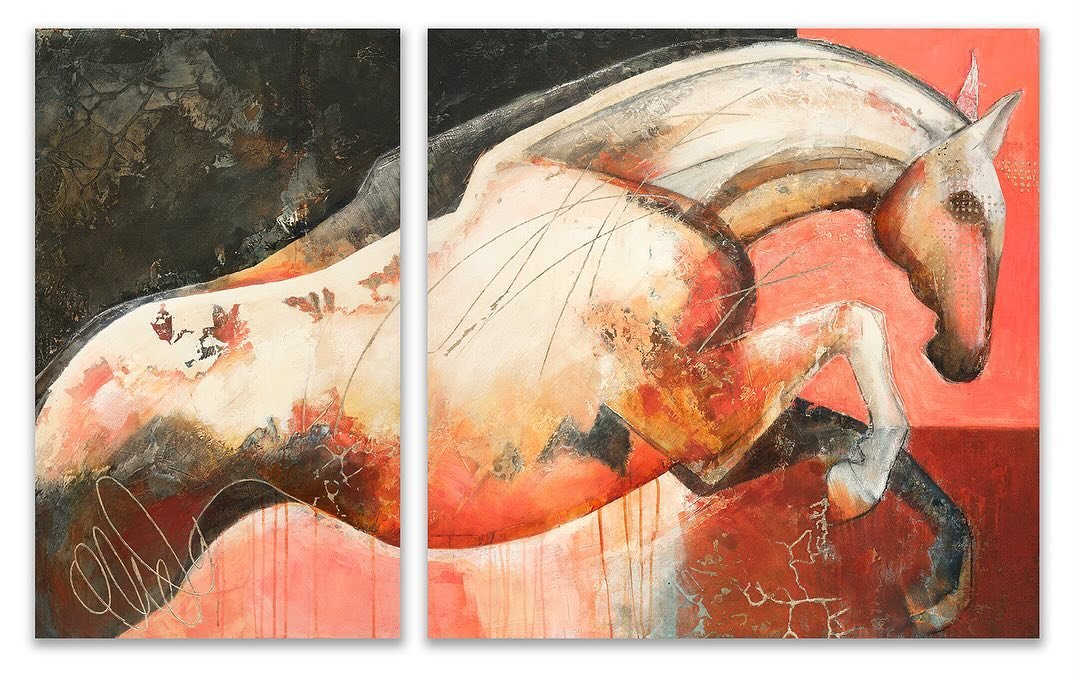 &ldquo;Somebody Told Me To Believe&rdquo;

This painting got a stunning reception at @bhorsetrials and was much admired. It&rsquo;s my largest to date and my first diptych. I always wanted to do a horse jumping from one panel to the next &hellip; I t