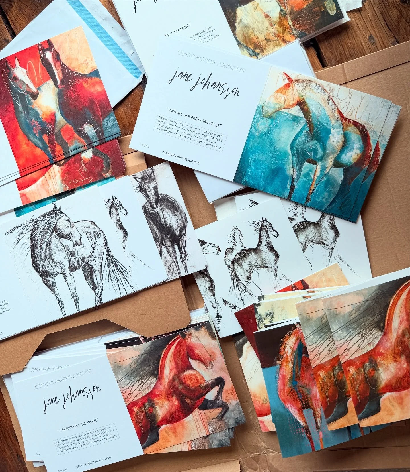 Ooh just unpacked my new greeting cards ! 🤩
Very pleased with the print quality - colours look awesome ! 

I&rsquo;ve done 6 of my favourite charcoal horse drawings and 9 of my bold and beautiful horse paintings - 15 new designs in total 🙌🙌

Can&r