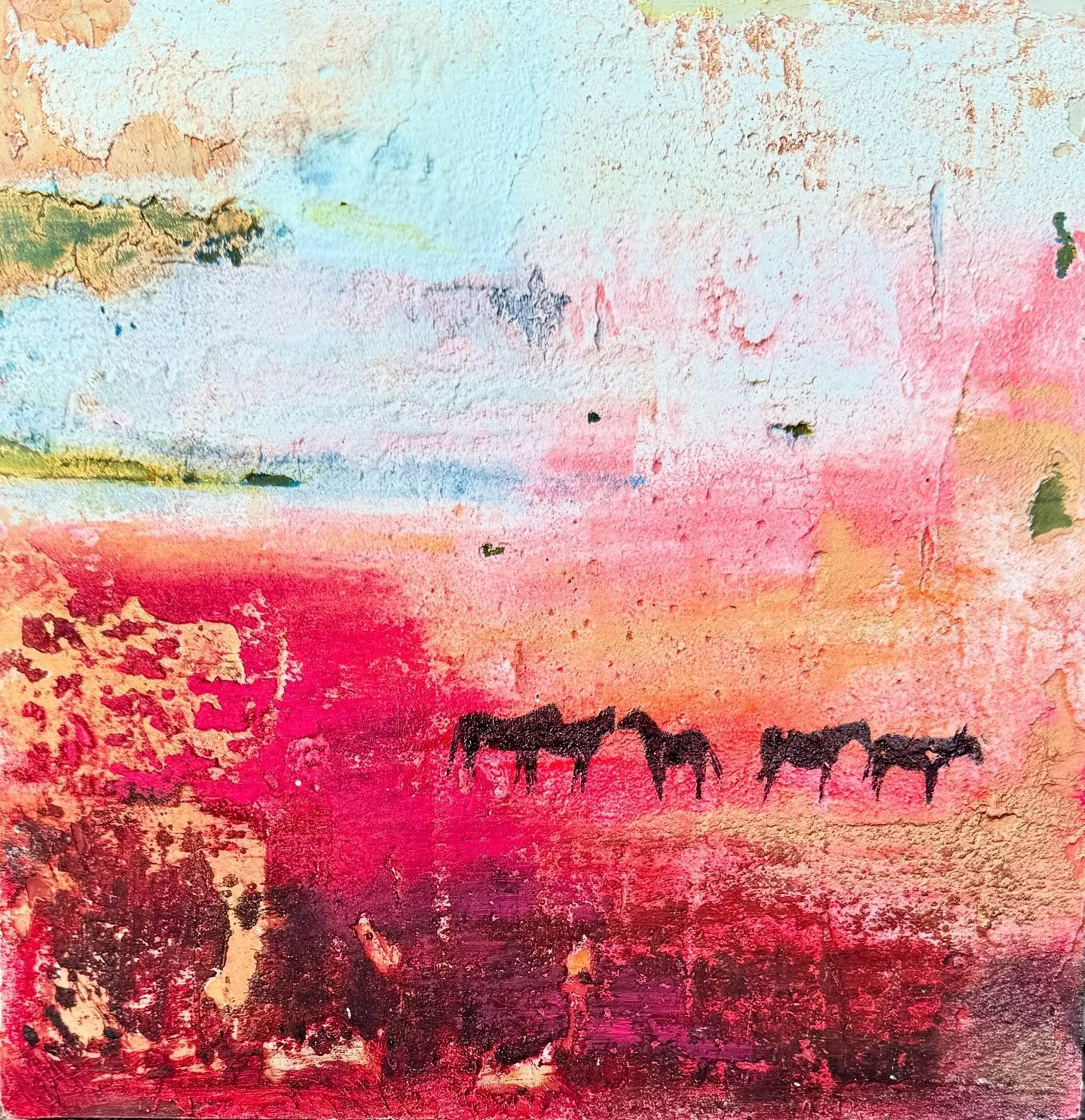 One of the preliminary pieces from a new series of  Postcards From The Wild Horse .
This mini paintings are narratives in colour and texture and explore the movement of the herd travelling through the landscape .

When you observe horses in their nat