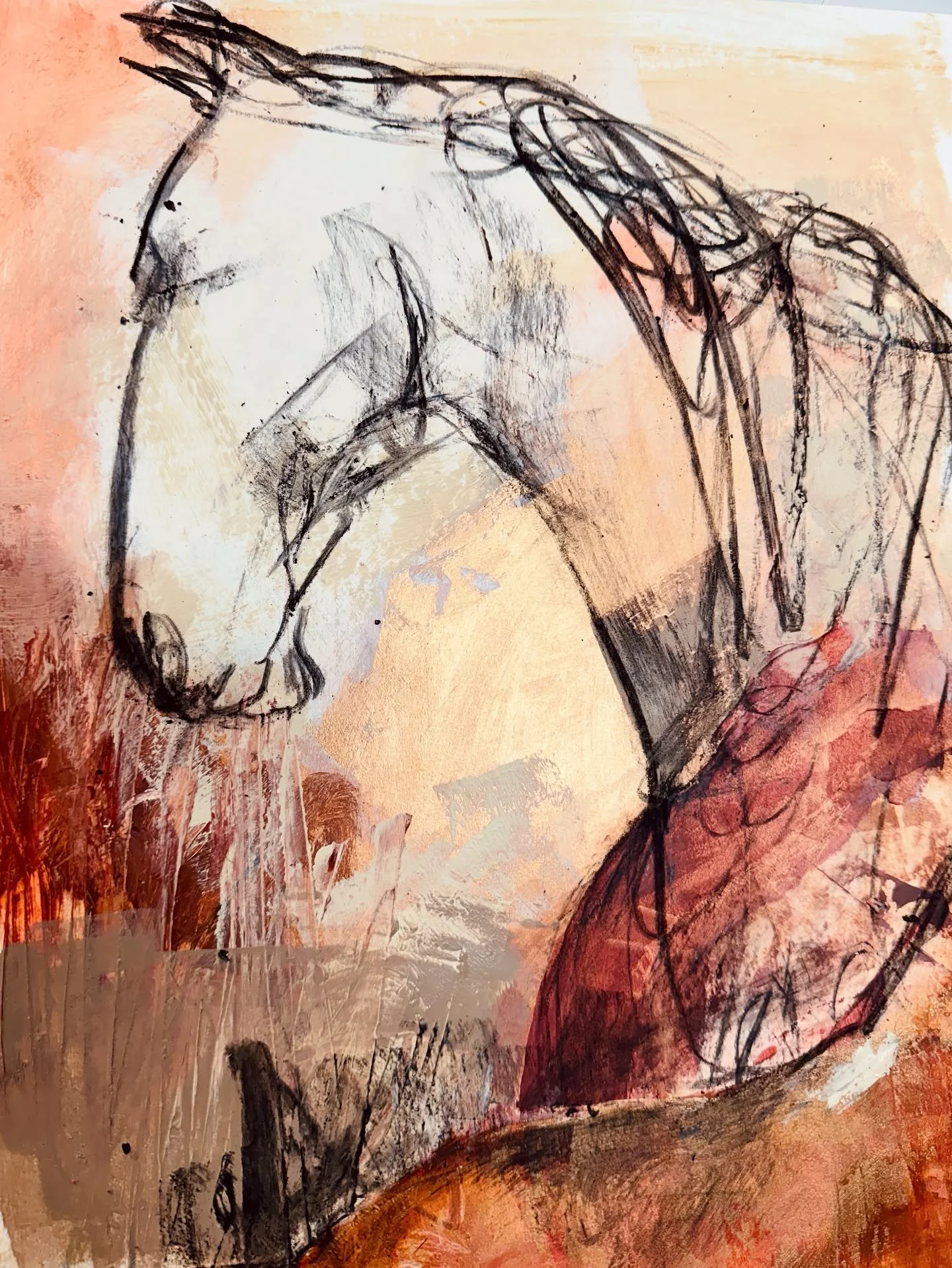 I&rsquo;ve been revisiting the colours of the red roan wild horses I observed at @returntofreedom &hellip;that beautiful mix of rose, rust, and golden light. There&rsquo;s something about their coats that feels both weathered and luminous, like the l