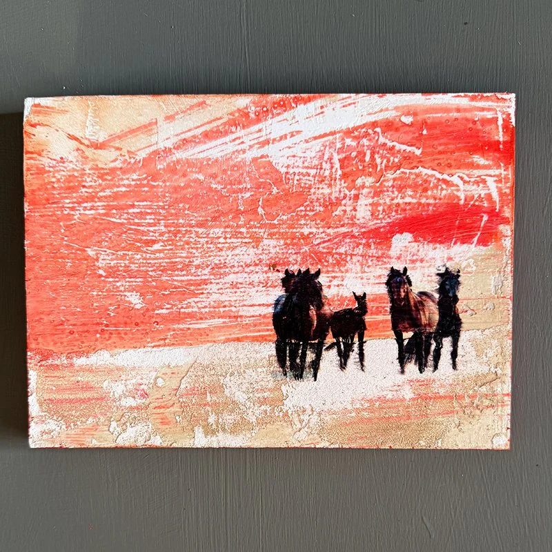 SUNSET HORSES WAITING  - Mini Painting