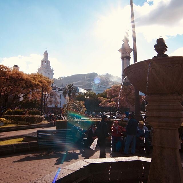 The setting sun over one of the many picturesque squares in the heart of old town Quito.