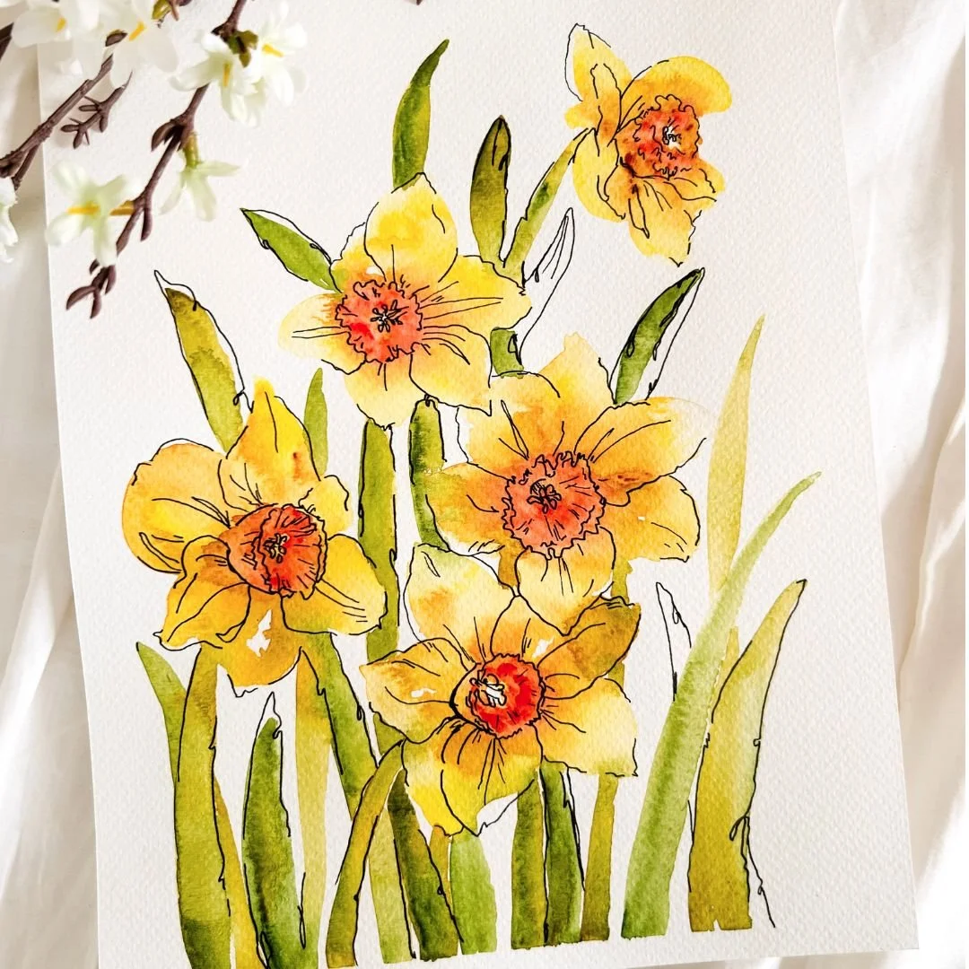 Expressive Watercolor and Ink Florals: Spring Daffodils