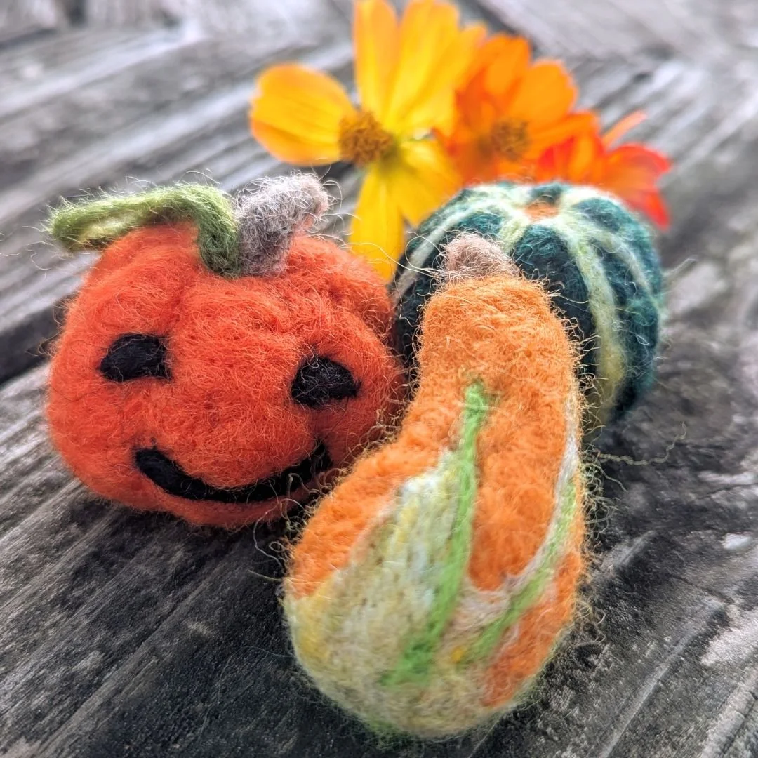 Needle felted pumpkins, gourds and jack-o'-lanterns